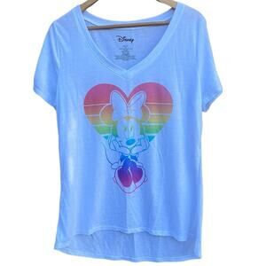 Disney Minnie Mouse rainbow heart white v-neck t-shirt size XXL